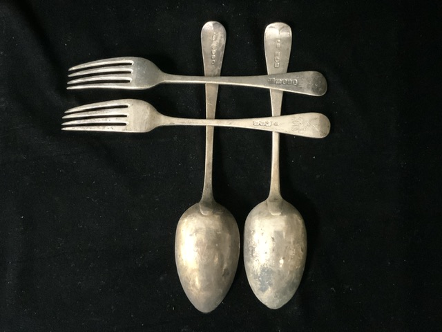 FOUR MATCHED ANTIQUE STERLING SILVER OLD ENGLISH PATTERN TABLE FORKS AND SPOONS, ONE FORK; LONDON - Image 2 of 2