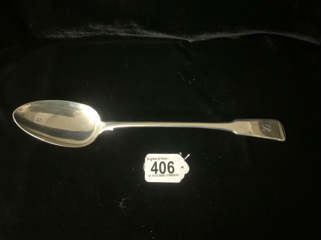 A GEORGE III STERLING SILVER FIDDLE PATTERN BASTING SPOON BY RICHARD CROSSLEY; LONDON 1803;