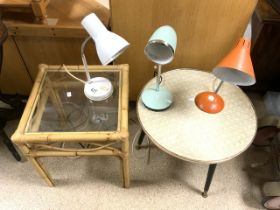 TWO VINTAGE OCCASIONAL TABLES WITH THREE ANGLEPOISE SPOT LIGHTS
