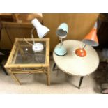 TWO VINTAGE OCCASIONAL TABLES WITH THREE ANGLEPOISE SPOT LIGHTS