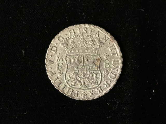 POSSIBLY AN 18TH CENTURY SHIPWRECK TREASURE SPANISH 8 REALES COIN; DATED 1740; WEIGHT 15.5 GRAMS - Image 2 of 2