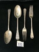 FOUR MATCHED ANTIQUE STERLING SILVER OLD ENGLISH PATTERN TABLE FORKS AND SPOONS, ONE FORK; LONDON