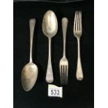 FOUR MATCHED ANTIQUE STERLING SILVER OLD ENGLISH PATTERN TABLE FORKS AND SPOONS, ONE FORK; LONDON