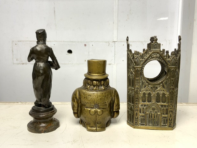 BRASS FIGURAL 'TRANSVAAL MONEY BOX', BRONZED FIGURE OF A DUTCH BOY; 21CM AND A BRASS ARCHITECTURAL - Image 2 of 2