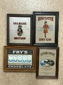 FOUR ADVERTISING MIRRORS, BEEFEATER DRY GIN, COLMANS MUSTARD, FRY'S CHOCOLATE AND SOUTHERN
