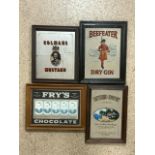 FOUR ADVERTISING MIRRORS, BEEFEATER DRY GIN, COLMANS MUSTARD, FRY'S CHOCOLATE AND SOUTHERN