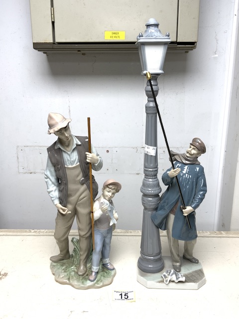 TWO LARGE PIECES OF LLADRO (05205, 085). LAMPLIGHTER; 48CM AND FATHERS PRIDE; 33CM