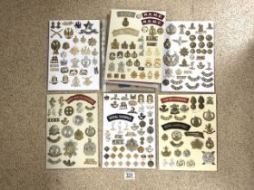 A QUANTITY OF METAL AND CLOTH CAP BADGES, BUTTONS AND SHOULDER TITLES INCLUDING; ROYAL ARTILLERY,