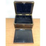 ROSEWOOD BRASS BOUND VICTORIAN STATIONARY BOX WITH INTERNAL BLUE LEATHER