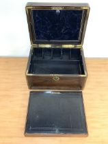 ROSEWOOD BRASS BOUND VICTORIAN STATIONARY BOX WITH INTERNAL BLUE LEATHER