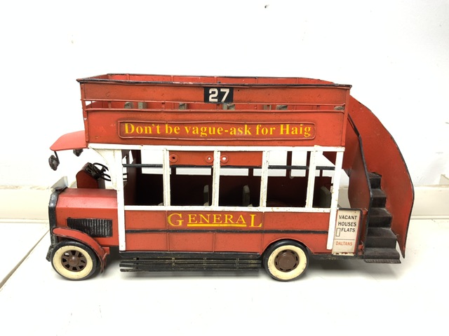 TWO MODERN VINTAGE LOOKING TOYS INCLUDES METAL OPEN TOP BUS; 40 X 23CM, WITH A WOODEN AIRCRAFT - Image 2 of 3