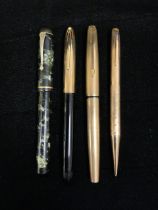 FOUR VINTAGE WRITING PENS, THREE WITH NIBS STAMPED '14K', INCLUDING; SHEAFFERS, CONWAY STEWART,