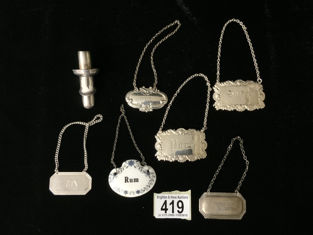 A QUANTITY OF DECANTER / BOTTLE LABELS INCLUDING; STERLING SILVER 'WHISKY'; BIRMINGHAM 2003, A