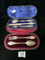 TWO CASED STERLING SILVER CHRISTENING FLATWARE SETS, ONE FORK & SPOON; SHEFFIELD 1859; CAST AND