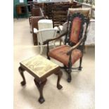 ANTIQUE OAK GOTHIC REVIVAL ARMCHAIR WITH A BALL AND CLAW FOOTED STOOL