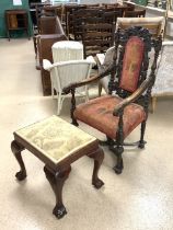 ANTIQUE OAK GOTHIC REVIVAL ARMCHAIR WITH A BALL AND CLAW FOOTED STOOL