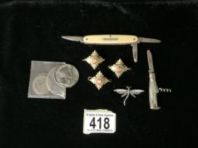 MILITARY CAP BADGES, COINS, VINTAGE FOLDING CORKSCREW; MODELLED AS A BOTTLE, A SILVER DRAGONFLY