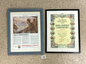 VINTAGE SOUTHDOWN CERTIFICATE FOR MOTOR SERVICES AND EVENING POST ADVERT HELLO SWEETHEART BOTH