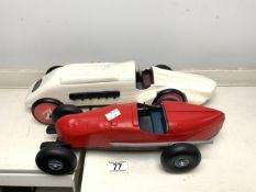 TWO MODERN WOODEN RACING CAR MODELS; LARGEST 50CM