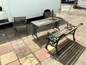 VINTAGE GARDEN TABLE WITH BENCH AND TWO CHAIRS AND METAL PARASOL BASE A/F 140 X 66CM