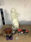 PLASTIC LION; 49CM, NORTON MOTORCYCLE MODEL AND A PAIR OF OPERA GLASSES