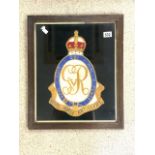 ROYAL ARTILLERY COAT OF ARMS TAPESTRY; FRAMED AND GLAZED; 54 X 45CM