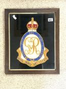 ROYAL ARTILLERY COAT OF ARMS TAPESTRY; FRAMED AND GLAZED; 54 X 45CM