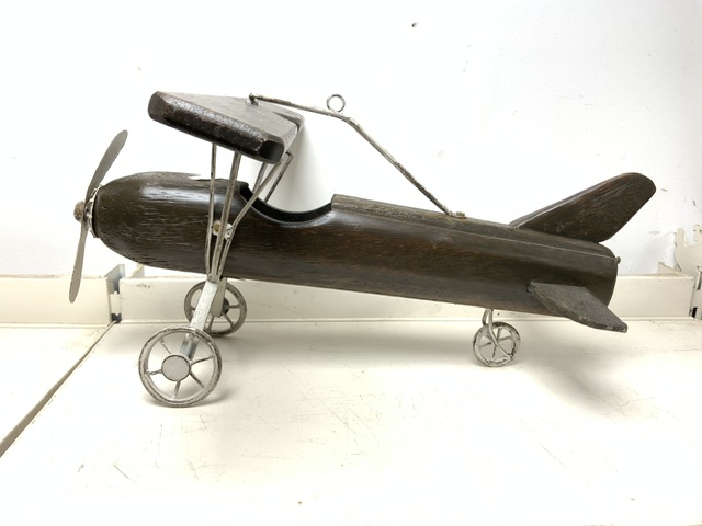 TWO MODERN VINTAGE LOOKING TOYS INCLUDES METAL OPEN TOP BUS; 40 X 23CM, WITH A WOODEN AIRCRAFT - Image 3 of 3