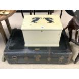 VINTAGE TRAVELLING TRUNK WITH A PINE PAINTED STORAGE TRUNK LARGEST 92 X 54CM