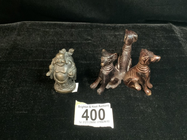 ANTIQUE MODEL OF THREE DOGS IN A SEATED POSITION; COJOINED BY TAILS; HEIGHT 5CM AND A SMALL MODEL OF