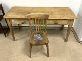 VICTORIAN PINE TABLE WITH TWO DRAWERS 62 X 151 X 73CM WITH VICTORIAN KITCHEN CHAIR