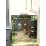 LARGE ART DECO WALL MIRROR GREEN AND CLEAR GLASS; 98 X 110CM; A/F