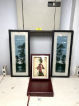 VINTAGE BOXED SHADOW PUPPET WITH A PAIR OF ORIENTAL REVERSE PAINTINGS ON GLASS; 20 X 48CM