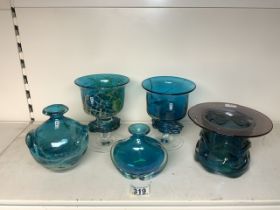 MDINA GLASS INCLUDES TWO CHALICES AND VASES; LARGEST 18CM