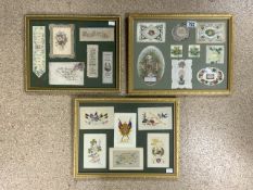 THREE FRAMED AND GLAZED POSTCARDS AND MORE; 42.5 X 32.5CM