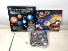 NUTS AND BOLTS ENGINEERING SET, GLOW IN THE DARK SOLAR SYSTEM AND LEGO TECHNIC MOTOR BIKE
