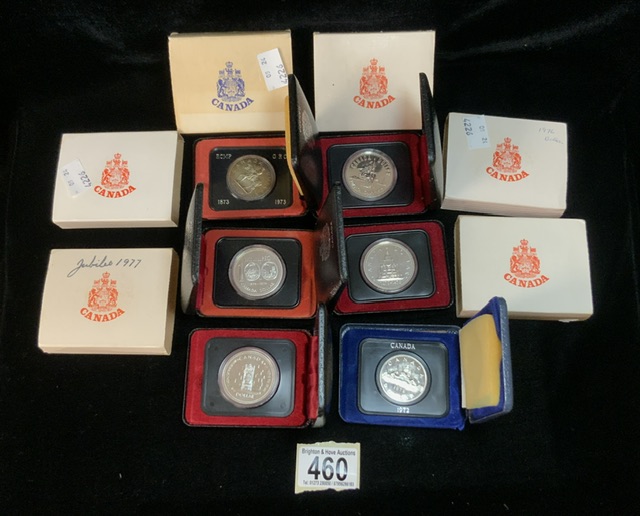 SIX SILVER PROOF CANADA COINS DOLLARS; ALL DATED 1970s