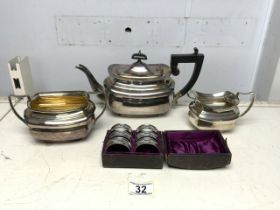 AN ANTIQUE ELECTROPLATED / SILVER PLATED THREE PIECE TEA SERVICE BY S. MOSELEY & CO; OBLONG FORM AND