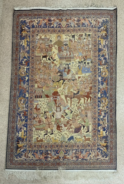 BEAUTIFUL KASHMIR INDIAN SILK RUG WITH FIGURES AND ANIMALS; 190 X 122 - Image 4 of 4