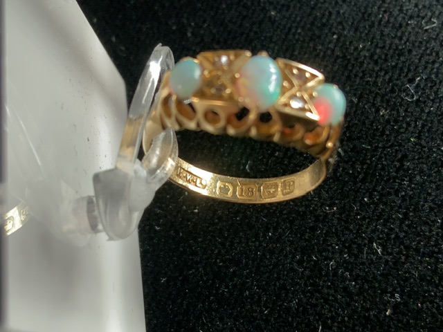 ANTIQUE 18 CARAT GOLD RING WITH A TRIO OF FIRE OPALS BY HENRY WILLLIAMSON LTD; 2.8 GRAMS; SIZE K - Image 3 of 3