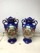 PAIR OF TWIN HANDLE VASES DECORATED WITH CLASSICAL SCENES; 40CM