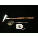 ARTS AND CRAFTS HAMMERED HALLMARKED SILVER LONG HANDLED CADDY SPOON DATED 1957; BY F.S.B. WITH A
