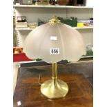 VINTAGE FROSTED GLASS (FLOWER) AND BRASS TABLE LAMP; 44CM