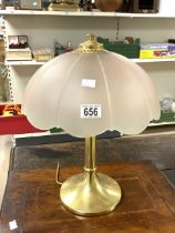 VINTAGE FROSTED GLASS (FLOWER) AND BRASS TABLE LAMP; 44CM