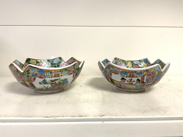 PAIR OF CHINESE CANTON FAMILLE ROSE CUT CORNER BOWLS BOTH HAND PAINTED WITH CHARACTER MARKS TO BASE; - Image 2 of 3