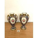 PAIR OF NORITAKE PORCELAIN 2 HANDLED BALUSTER SHAPED VASES PAINTED FLORAL SPRAYS WITHIN POWDER
