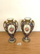 PAIR OF NORITAKE PORCELAIN 2 HANDLED BALUSTER SHAPED VASES PAINTED FLORAL SPRAYS WITHIN POWDER