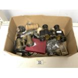 A BOX OF MIXED ITEMS INCLUDING; BINOCULARS, PLAYING CARDS, CHAMBERSTICK, METAL FIGURES AND OTHERS