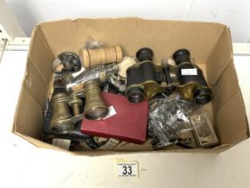 A BOX OF MIXED ITEMS INCLUDING; BINOCULARS, PLAYING CARDS, CHAMBERSTICK, METAL FIGURES AND OTHERS