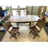 TEAK GARDEN TABLE WITH FOUR FOLDING GARDEN CHAIRS